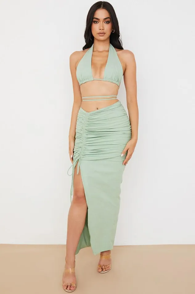 Women Solitaire Sage Gathered Drawstring Maxi Skirt House Of CB Bottoms
