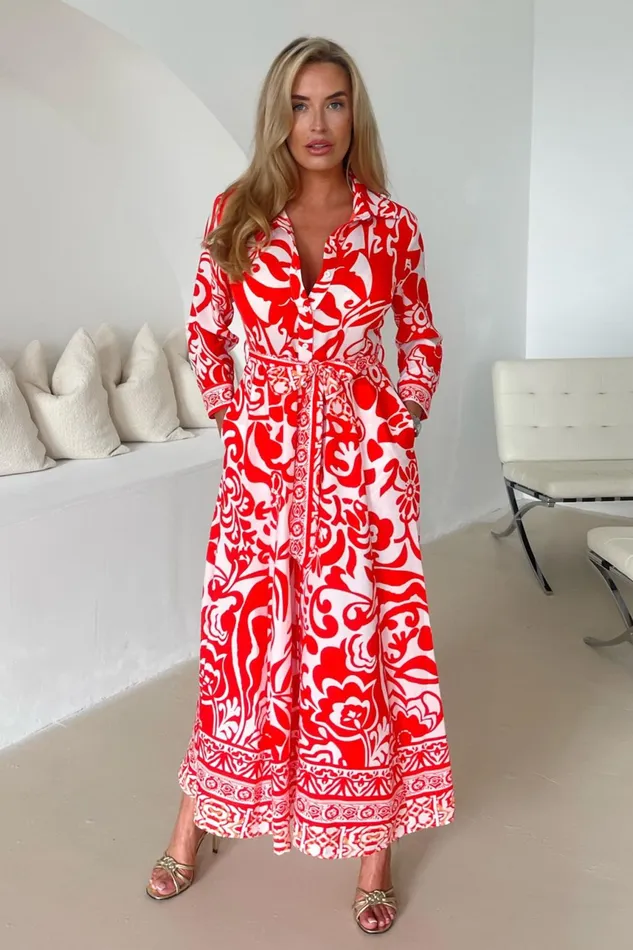 Angela Red Print Shirt Maxi Dress Women Girl In Mind Shirt Dresses
