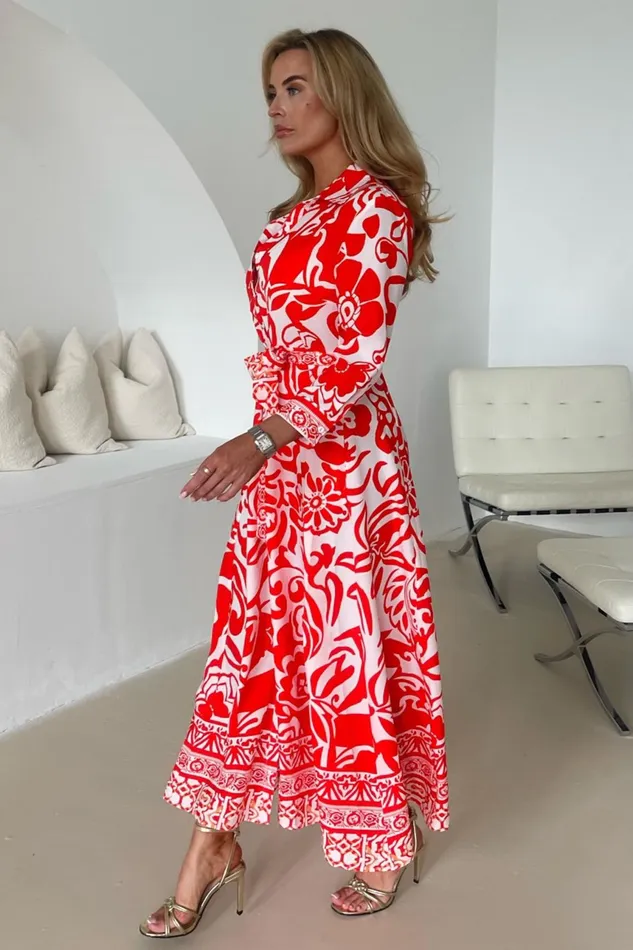 Angela Red Print Shirt Maxi Dress Women Girl In Mind Shirt Dresses
