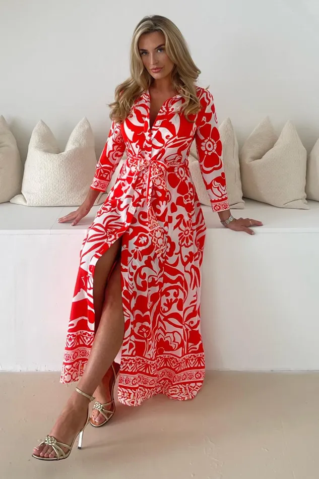 Angela Red Print Shirt Maxi Dress Women Girl In Mind Shirt Dresses