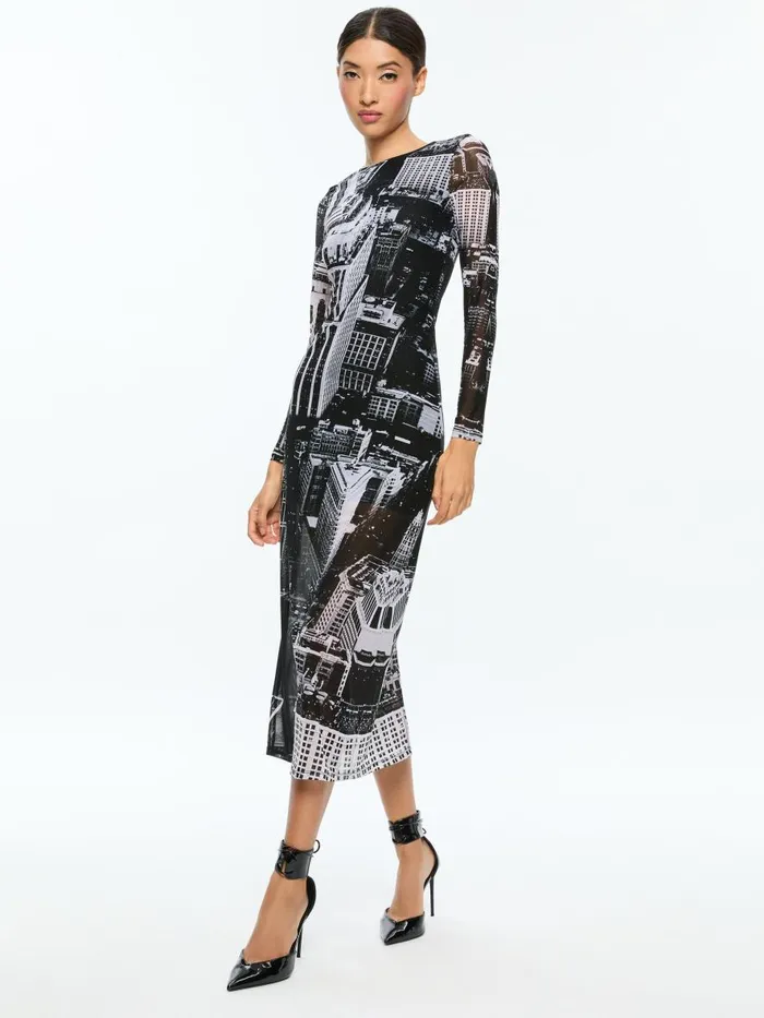 Dresses Women Alice Olivia DELORA LONG SLEEVE MIDI DRESS Cityscape