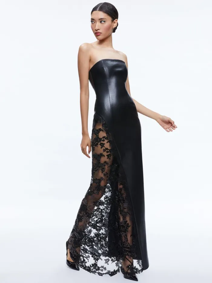 Dresses Women Alice Olivia RETHA VEGAN LEATHER LACE MAXI DRESS Black