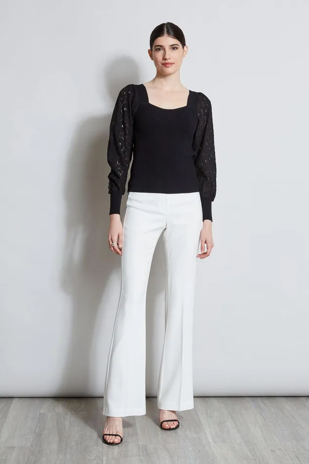 Elie Tahari Contour Neck Lace Sleeve Sweater Noir Women Tops