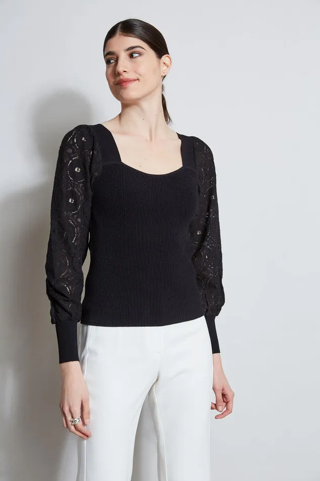 Elie Tahari Contour Neck Lace Sleeve Sweater Noir Women Tops