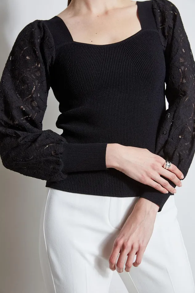 Elie Tahari Contour Neck Lace Sleeve Sweater Noir Women Tops