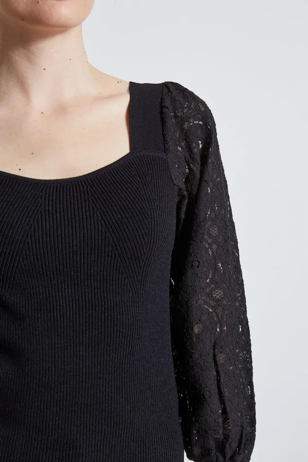 Elie Tahari Contour Neck Lace Sleeve Sweater Noir Women Tops