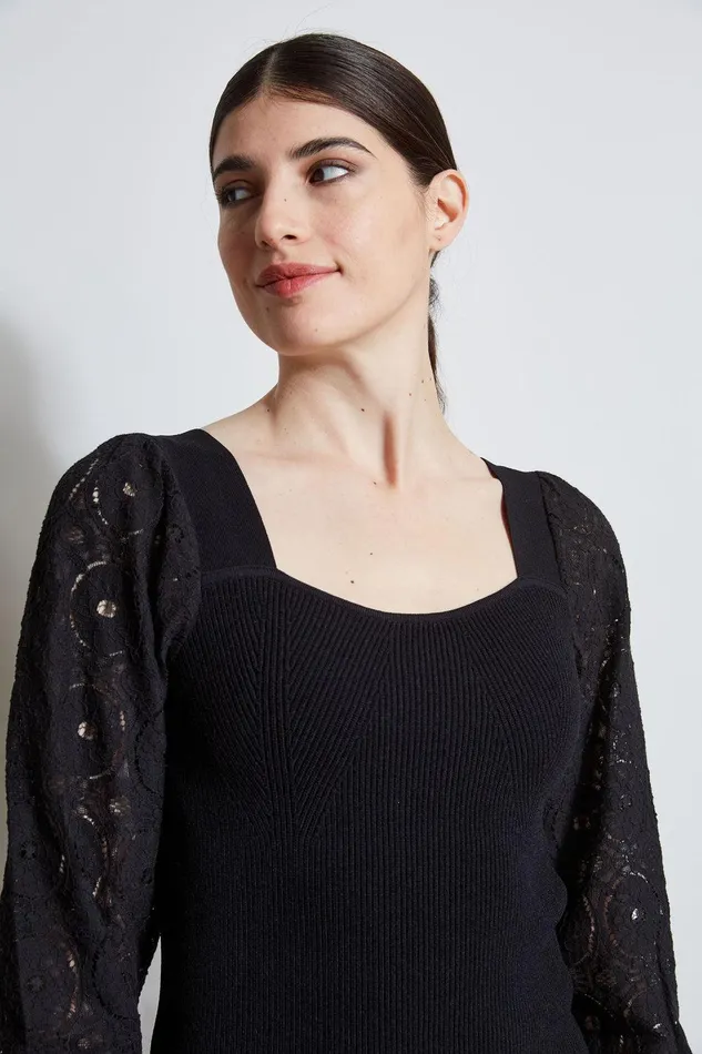 Elie Tahari Contour Neck Lace Sleeve Sweater Noir Women Tops