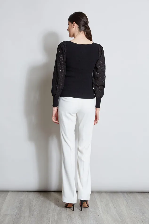 Elie Tahari Contour Neck Lace Sleeve Sweater Noir Women Tops