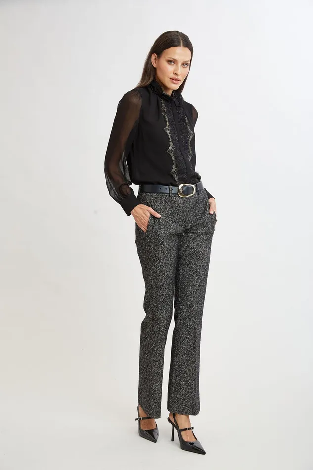 Elie Tahari Fit and Flare Metallic Tweed Pant Black Multi Women Bottoms