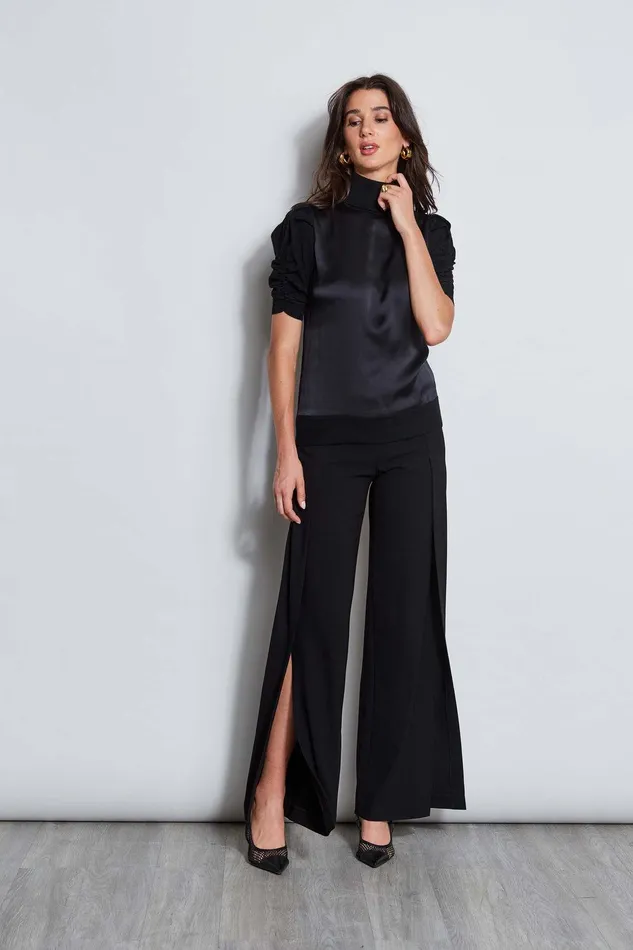 Elie Tahari Puff Sleeve Satin Front Sweater Black Women Tops