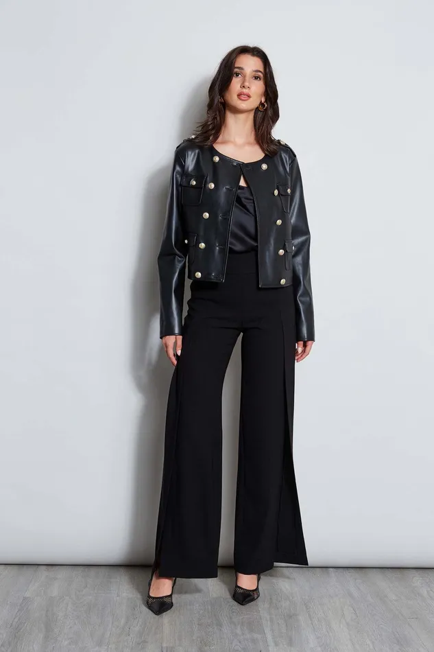 Elie Tahari Puff Sleeve Satin Front Sweater Black Women Tops