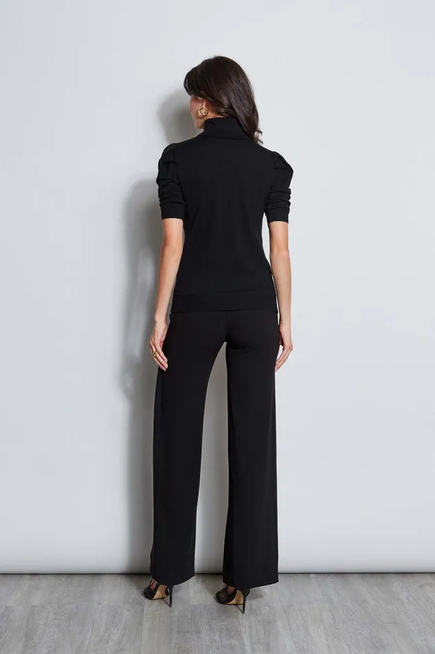Elie Tahari Puff Sleeve Satin Front Sweater Black Women Tops