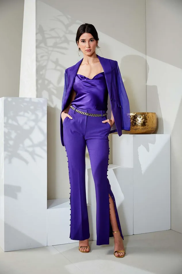 Elie Tahari Side Button Crepe Pant Grape Women Bottoms