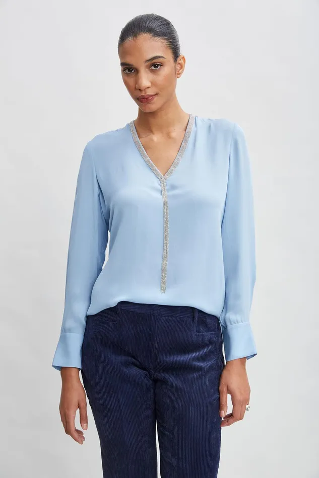Elie Tahari Silk Long Sleeve Chain Shirt Sky Blue Women Tops