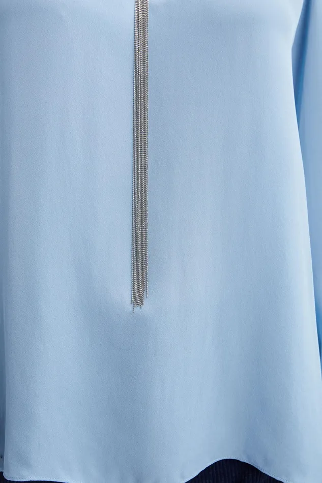 Elie Tahari Silk Long Sleeve Chain Shirt Sky Blue Women Tops