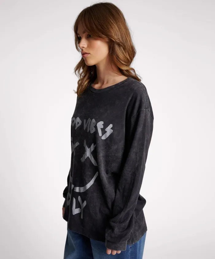 GOOD VIBES ONLY LONG SLEEVE TEE Women One Teaspoon Basic Tees GOOD VIBES ONLY LONG SLEEVE TEE Women One Teaspoon Basic Tees