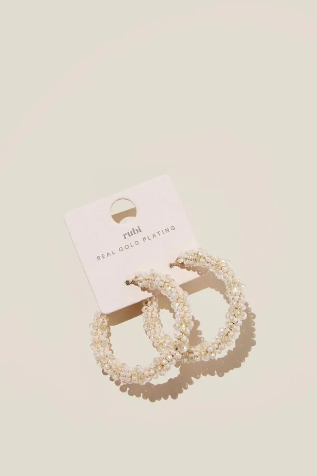Large Hoop Earring Gold Plated Ecru Beaded Women Cotton On Jewelry