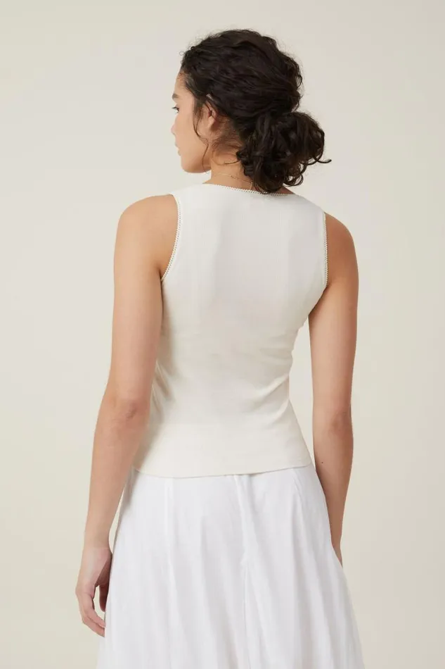 Lou Picot Trim Tank Natural White Women Cotton On Tops