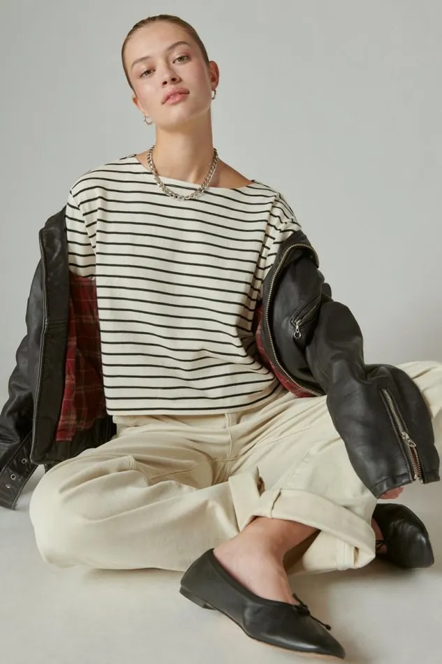 Lucky Brand Breton Long Sleeve Tee Creamblack Women All Tops