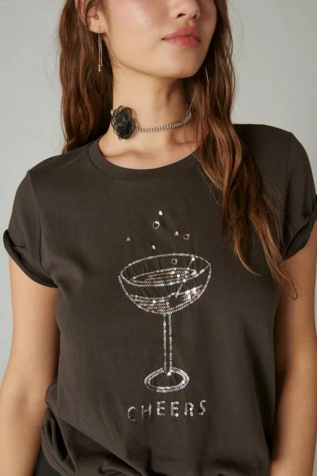 Lucky Brand Cheers Classic Crew Dark Black Women Graphic Tees
