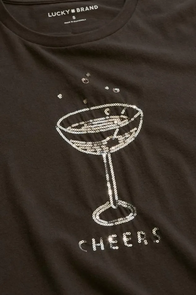 Lucky Brand Cheers Classic Crew Dark Black Women Graphic Tees