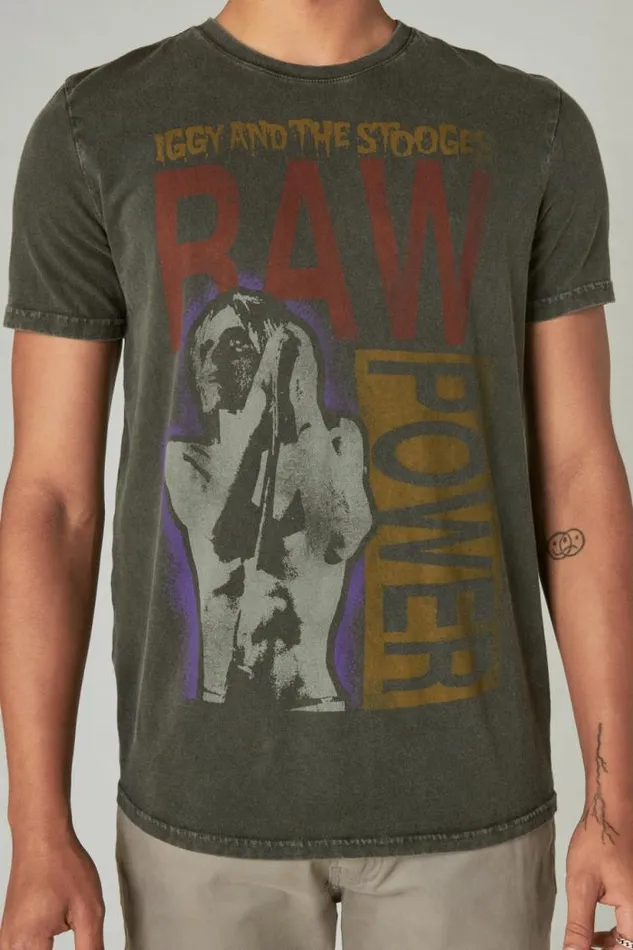 Lucky Brand Iggy Pop Raw Power Tee Jet Black Men Graphic Tees