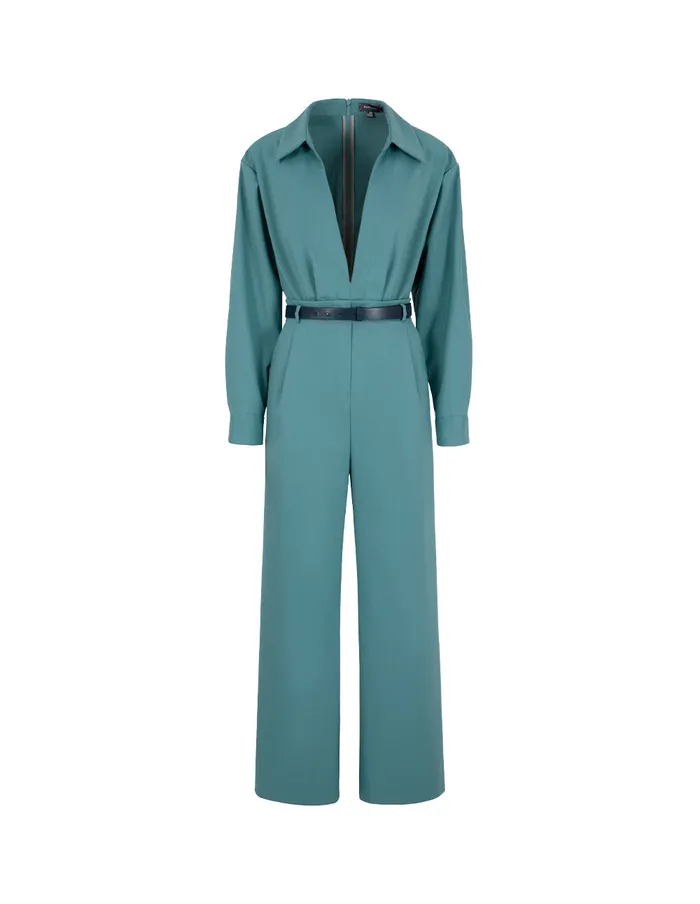 MARYLING Jumpsuits Mist Blue Deep V Shirt Collar Wide Leg Jumpsuit Misty Blue 8211 Women MARYLING Jumpsuits Mist Blue Deep V Shirt Collar Wide Leg Jumpsuit Misty Blue 8211 Women