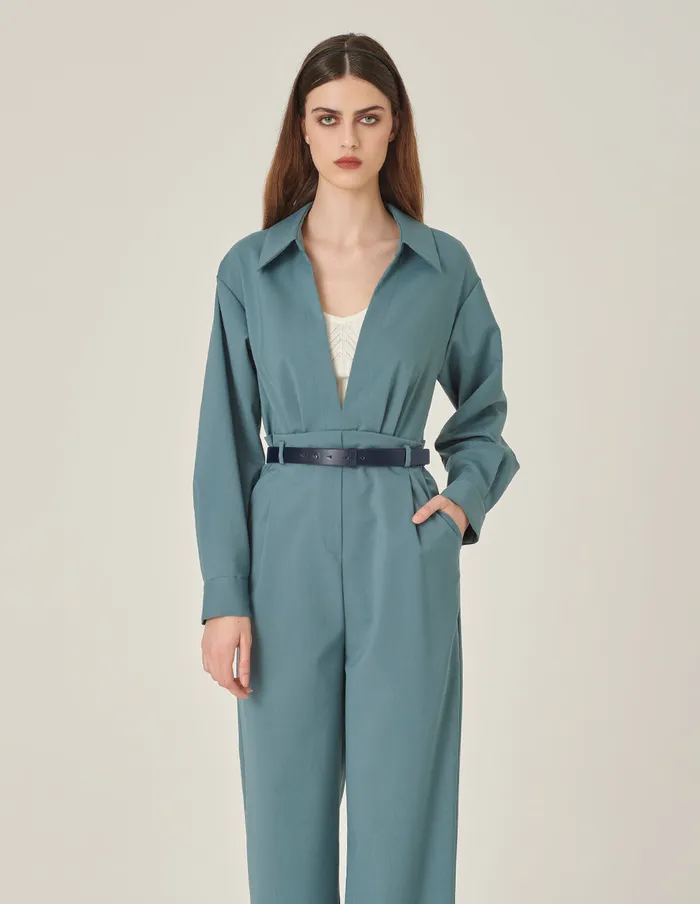 MARYLING Jumpsuits Mist Blue Deep V Shirt Collar Wide Leg Jumpsuit Misty Blue 8211 Women MARYLING Jumpsuits Mist Blue Deep V Shirt Collar Wide Leg Jumpsuit Misty Blue 8211 Women