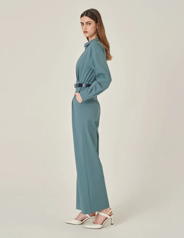 MARYLING Jumpsuits Mist Blue Deep V Shirt Collar Wide Leg Jumpsuit Misty Blue 8211 Women MARYLING Jumpsuits Mist Blue Deep V Shirt Collar Wide Leg Jumpsuit Misty Blue 8211 Women
