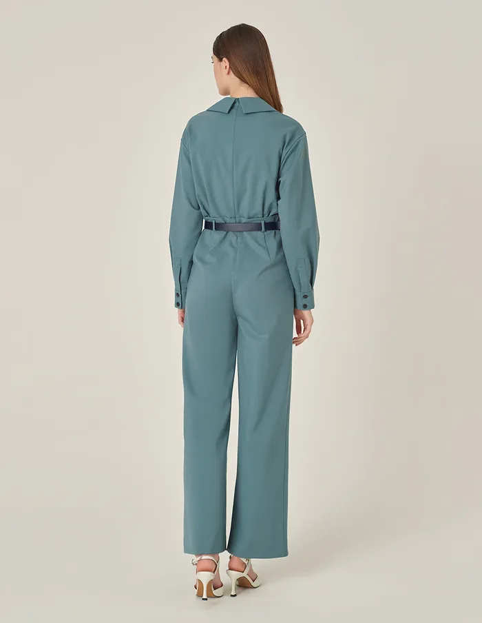 MARYLING Jumpsuits Mist Blue Deep V Shirt Collar Wide Leg Jumpsuit Misty Blue 8211 Women MARYLING Jumpsuits Mist Blue Deep V Shirt Collar Wide Leg Jumpsuit Misty Blue 8211 Women