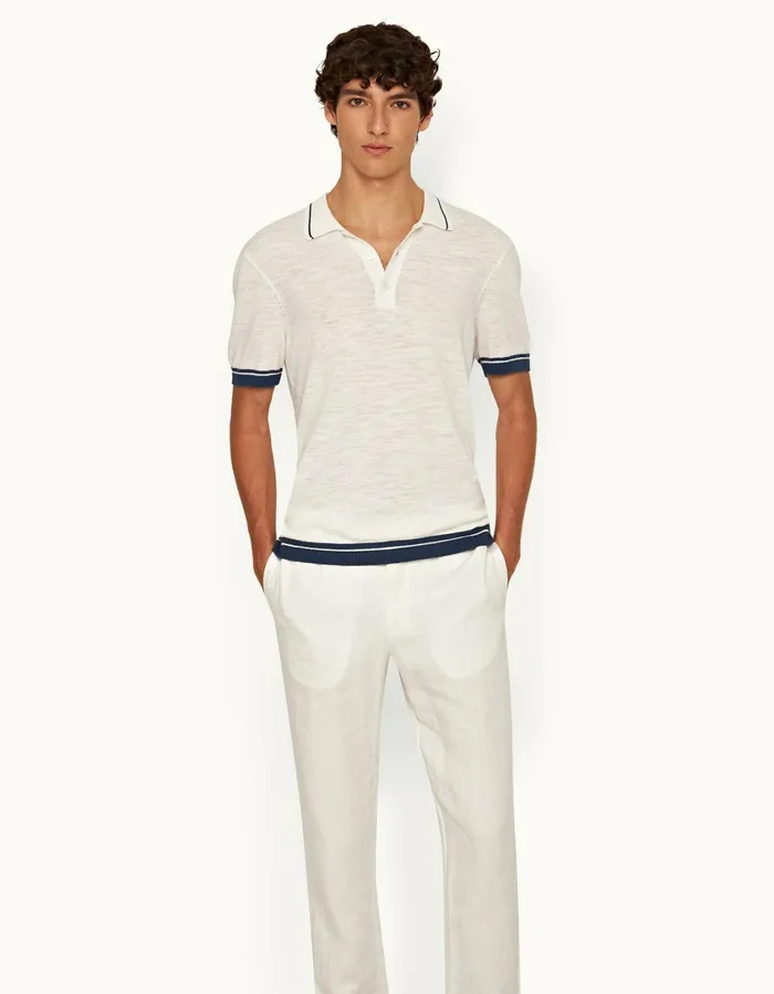 Men Orlebar Brown Polo Shirts Maranon Cotton Linen White Sand