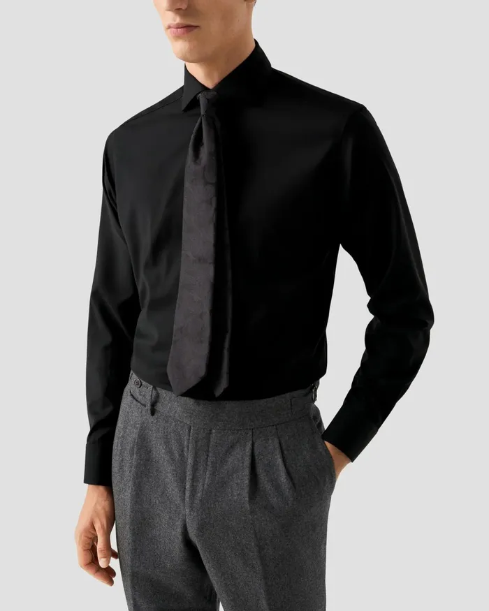 Men Solid Merino Wool Shirt Black Eton Dress Shirts