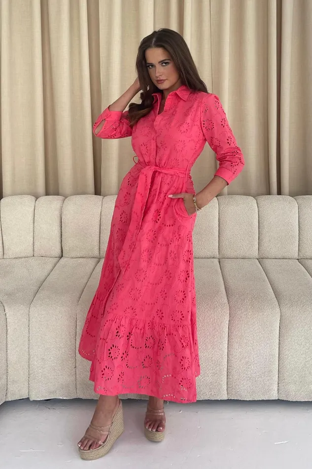 Michelle Broidery Shirt Maxi Dress Coral Women Girl In Mind Shirt Dresses