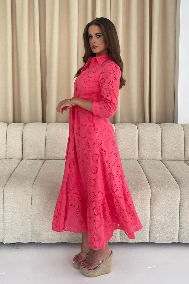 Michelle Broidery Shirt Maxi Dress Coral Women Girl In Mind Shirt Dresses