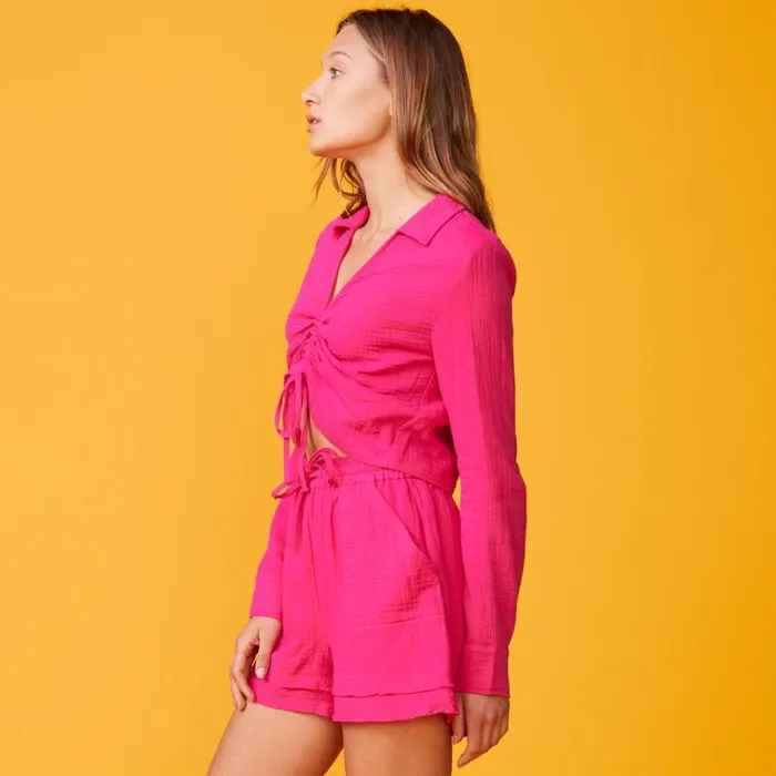 MONROW LONG SLEEVE Gauze Shirred Blouse Raspberry 8211 Shop