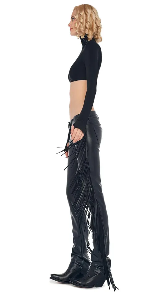 Norma Kamali Bottoms FRINGE BOOT LEG JEAN Black 8211 Clothing
