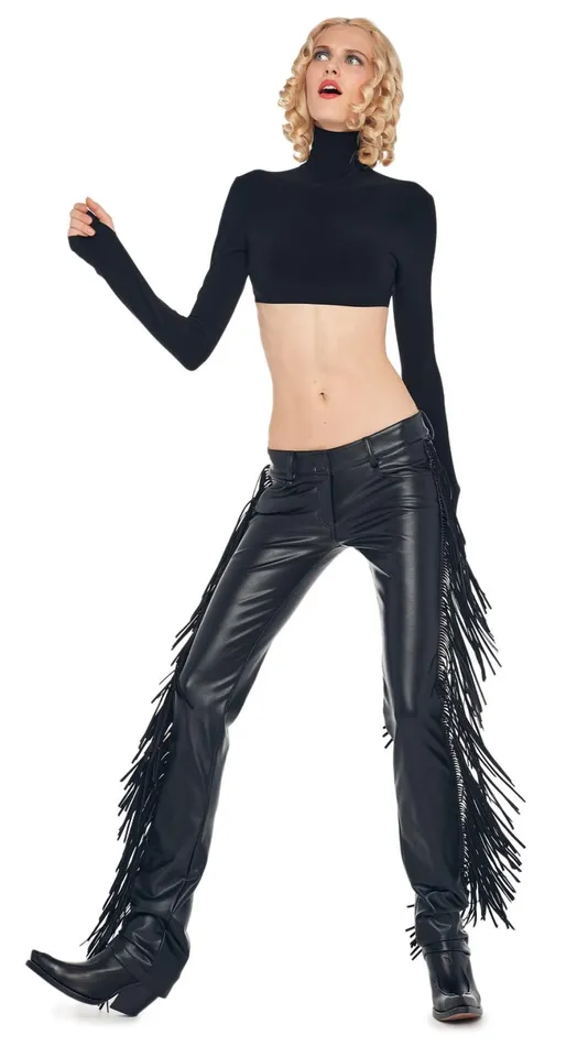 Norma Kamali Bottoms FRINGE BOOT LEG JEAN Black 8211 Clothing