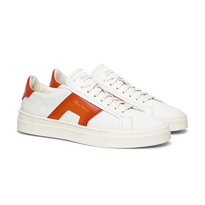 Santoni White And Orange Leather Double Buckle Sneaker Men Sneakers