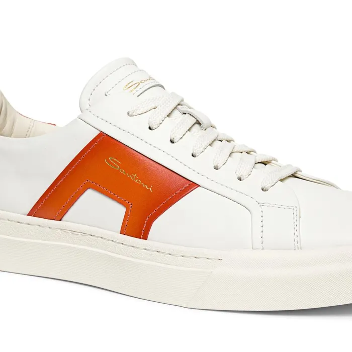 Santoni White And Orange Leather Double Buckle Sneaker Men Sneakers