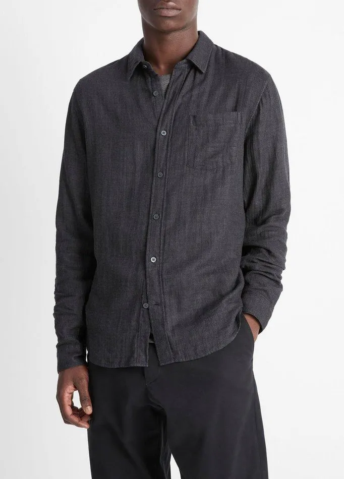 Shirts Men Vince Double Face Long Sleeve Heather Black Shirts Men Vince Double Face Long Sleeve Heather Black