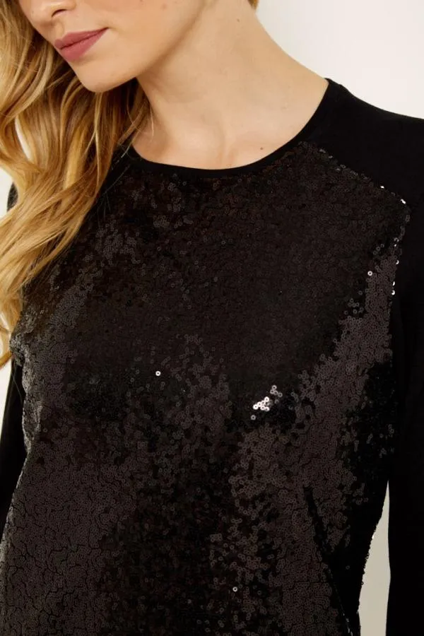 Sosandar Dresses Women Black Sequin Front Jersey Shift Dress Black