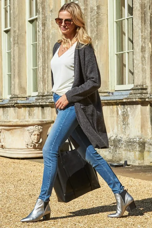 Sosandar Knitwear Women Charcoal Longline Zip Pocket Cardigan