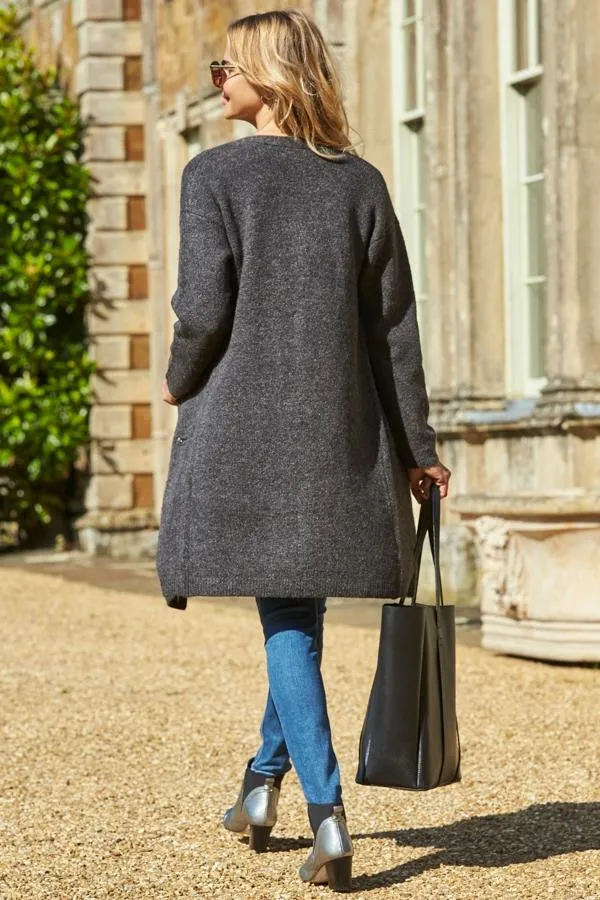 Sosandar Knitwear Women Charcoal Longline Zip Pocket Cardigan