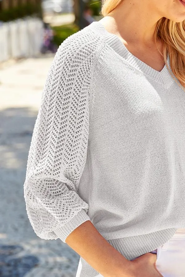 Sosandar Knitwear Women Soft Silver Pointelle Sleeve V Neck Jumper Silver