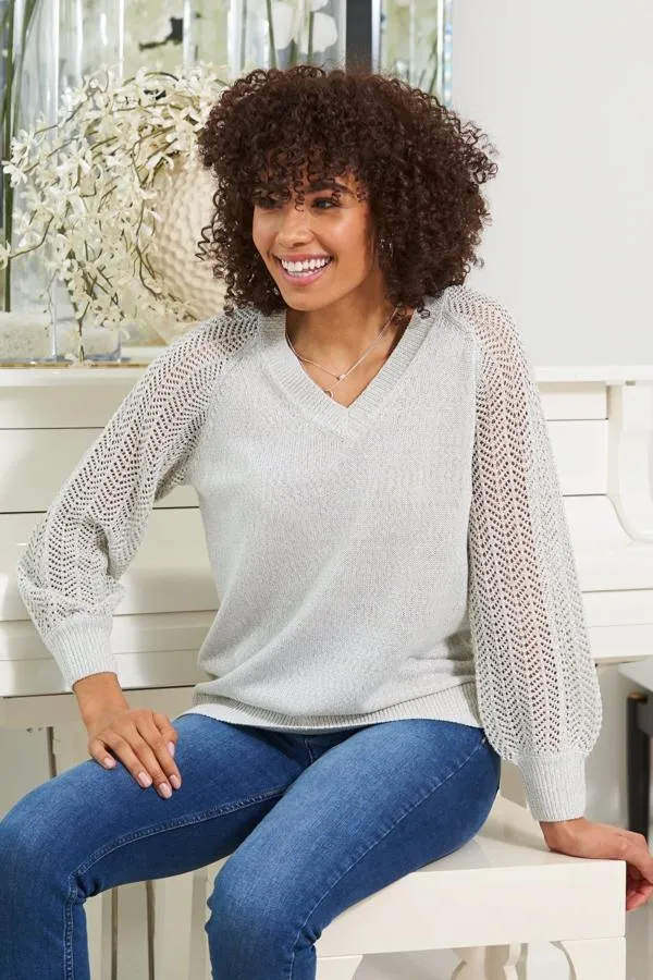 Sosandar Knitwear Women Soft Silver Pointelle Sleeve V Neck Jumper Silver