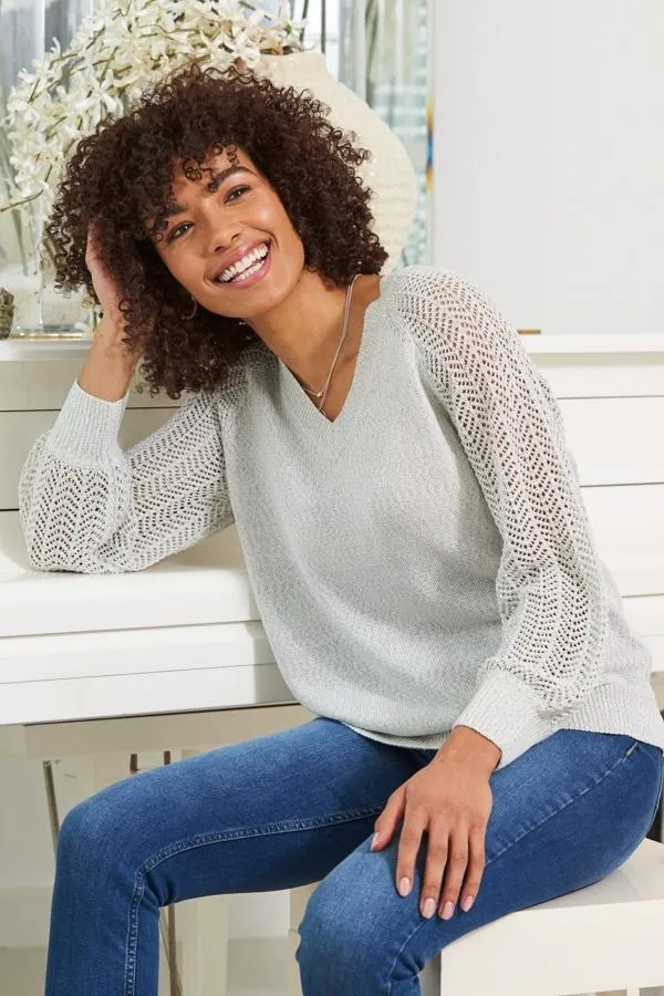Sosandar Knitwear Women Soft Silver Pointelle Sleeve V Neck Jumper Silver