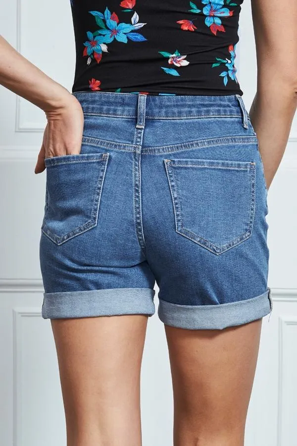 Sosandar Shorts Women Mid Blue Turn Up Denim Shorts Mid Blue