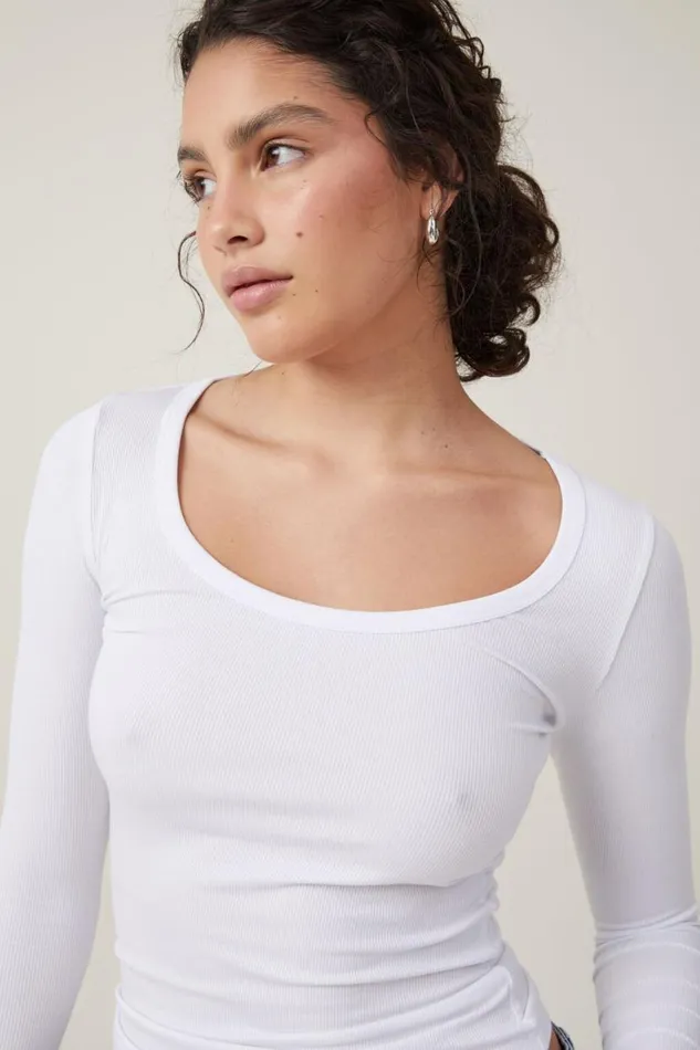 Staple Rib Scoop Neck Long Sleeve Top White Ii Women Cotton On Tops