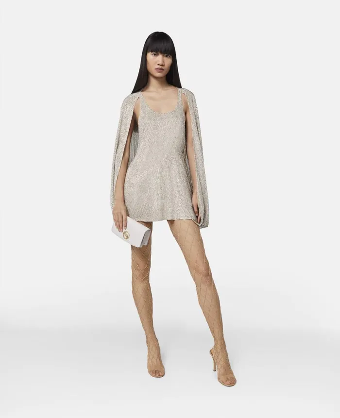 Women Dresses Stella McCartney Crystal Strass Silk Cape Mini Dress Silver