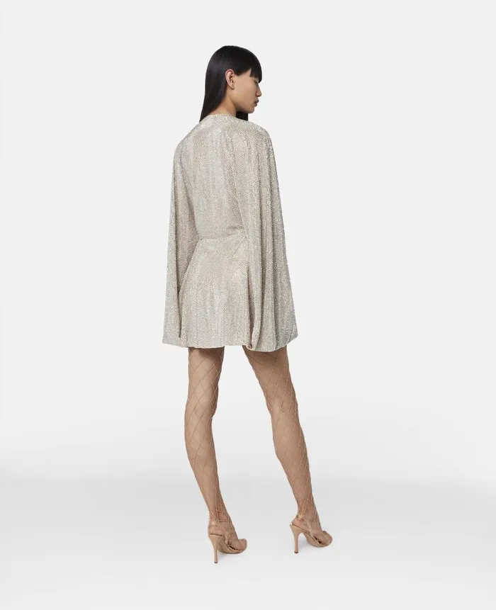 Women Dresses Stella McCartney Crystal Strass Silk Cape Mini Dress Silver